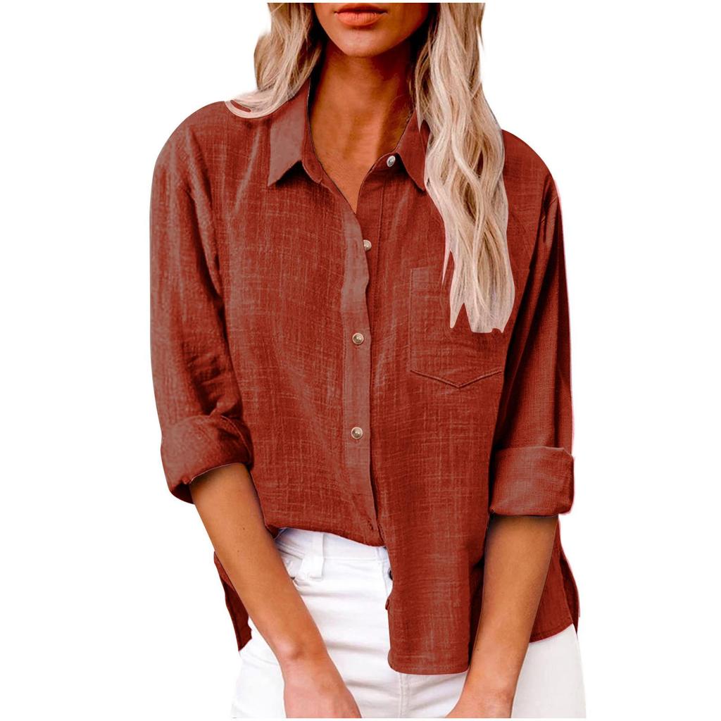 Autumn 2025 Women's Loose Fit Button-Up Cotton Linen Long Sleeve Top with Plain Color and Lapel