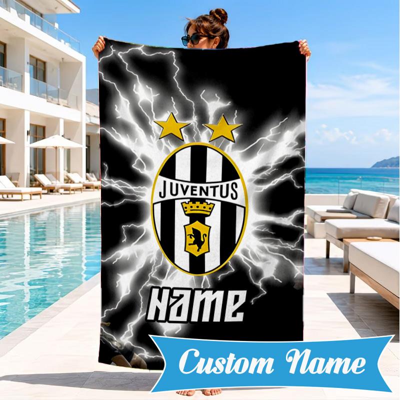 Custom Name Beach Towel Juventus Sportive Microfiber Beach Towel, Lightweight for Summer Travel, Swimming Pool Fan Birthday Gift