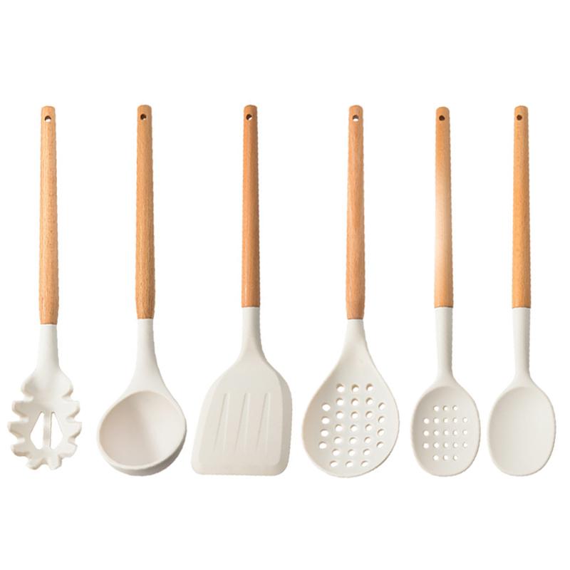 White Silicone Wooden Handle Soup Spoon Spatula Brush Scraper Pasta Egg Beater Non-stick Kitchen Cooking Tools Kitchenware