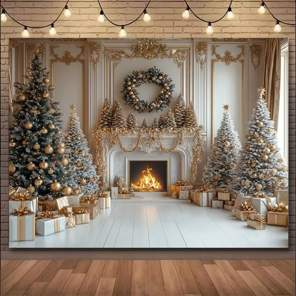 Christmas Winter Background Vintage fireplace Party Decoration Children's Photo Studio Supplies Xmas Tree Lanterns Snowy Scenery