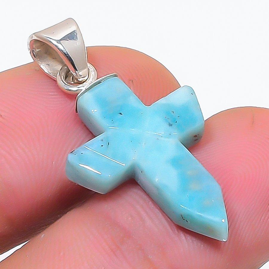 Natural Larimar Gemstone Handmade 925 Sterling Silver Jewelry Pendant 1.26" L9S29