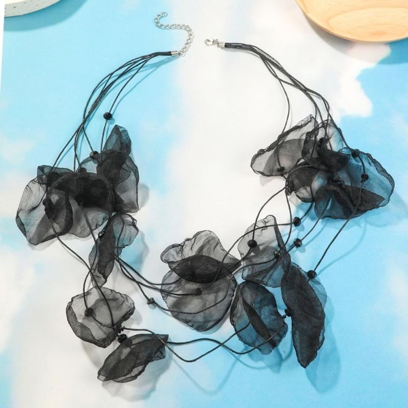 Exaggerated Temperament Necklace Multilayer Lace Flower Gauze Art Petal Necklace for Women Fabric Flower Piece Choker