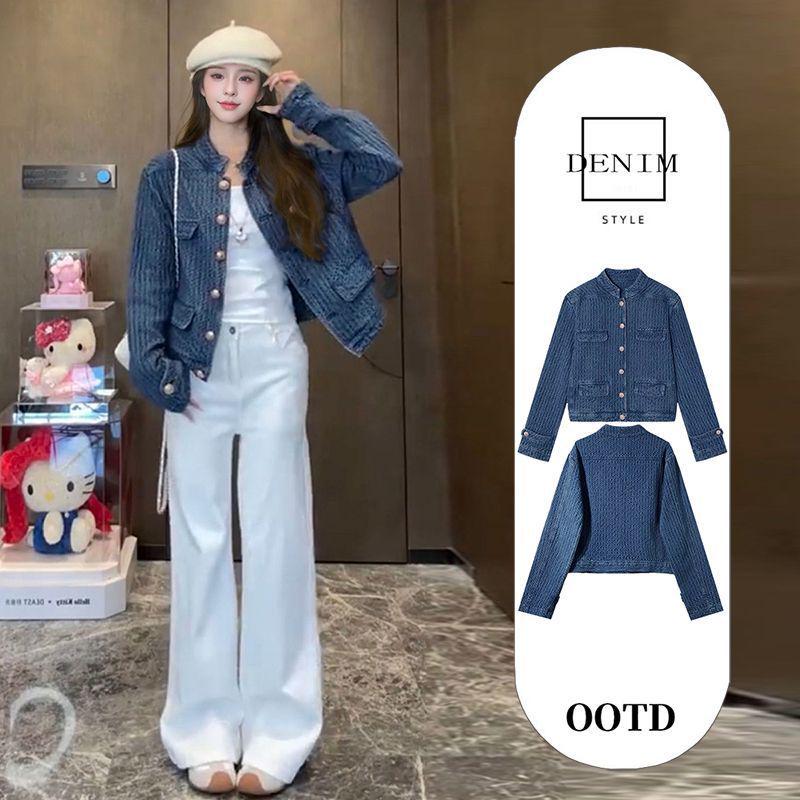 Chic Retro Denim Stand-Up Collar Cardigan Jacket for Women S