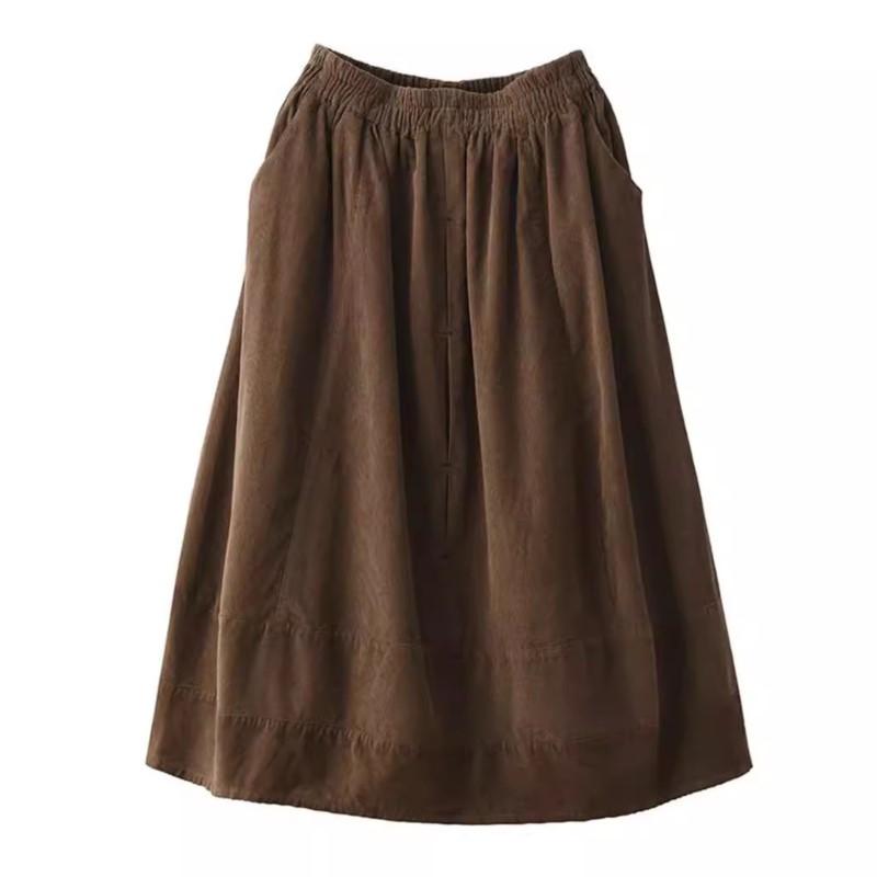 Johnature Woman Autumn Niche Elastic Waist Solid Color Casual A-Line Skirt Fashion Vintage Chinese Style Retro Skirt