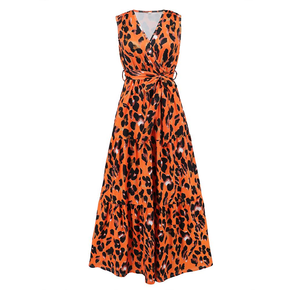 HNXC Women's Fashion Summer Spring Leopard Print Sleeveless V-Neck High Waist Casual Dresses