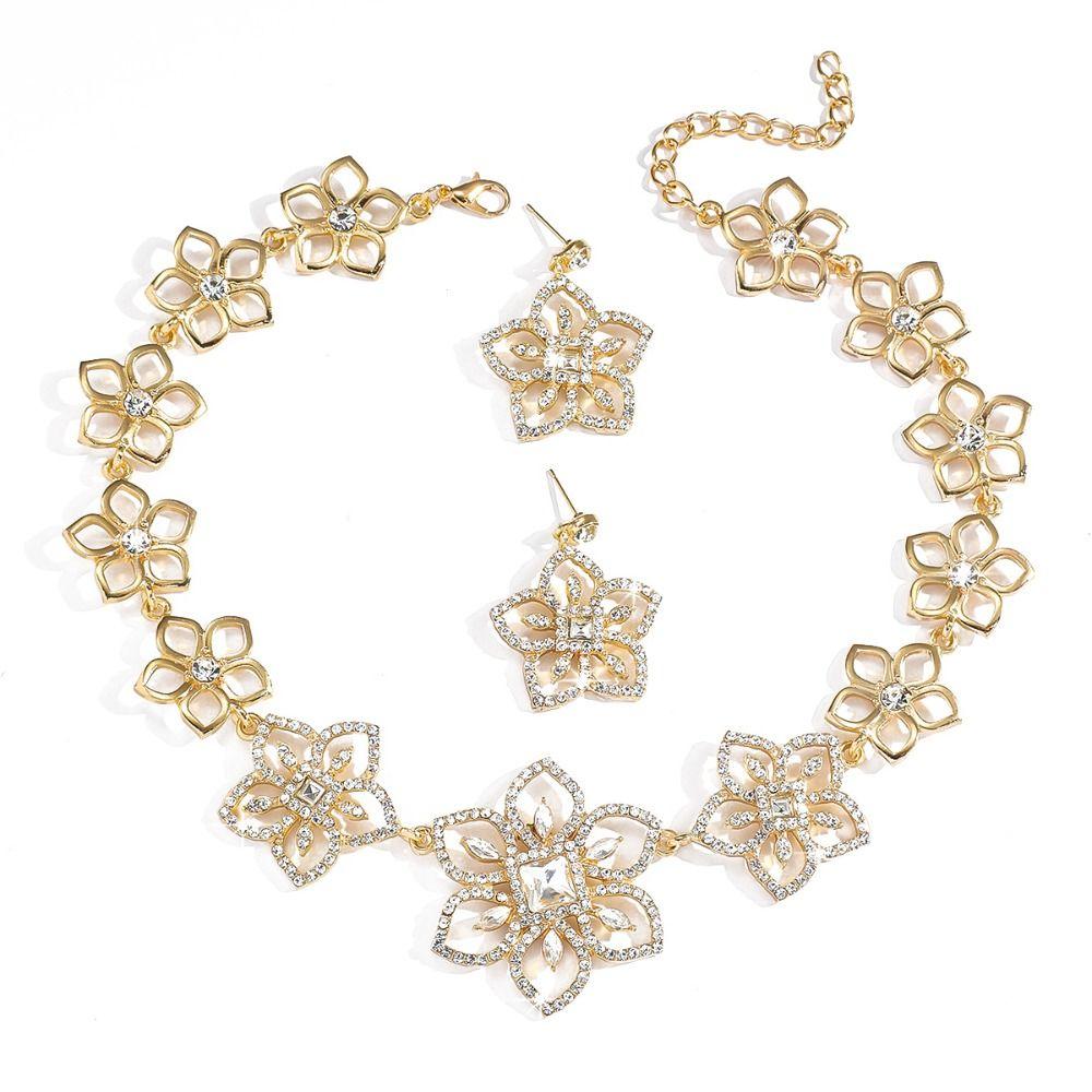 Crystal Flower Jewelry Set Exquisite Necklace Earrings Set Rhinestone Necklaces Earrings  Banquet