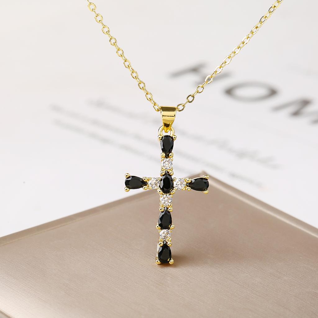 Shiny Rhinestones Cross Necklace Colorful Cubic Zirconia Pendant Christian Religious Zircon for Women Fashion Choker Gift