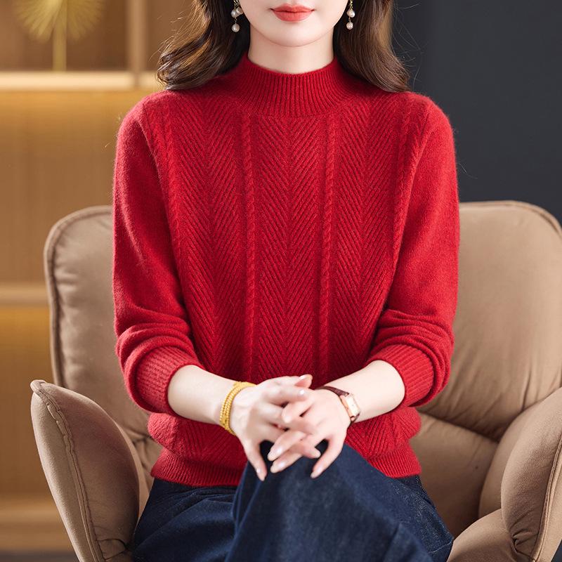 Women's Pure Wool Sweater - Thick Knit, Half-High Collar, Autumn/Winter Style for Middle-Aged & Elderly.