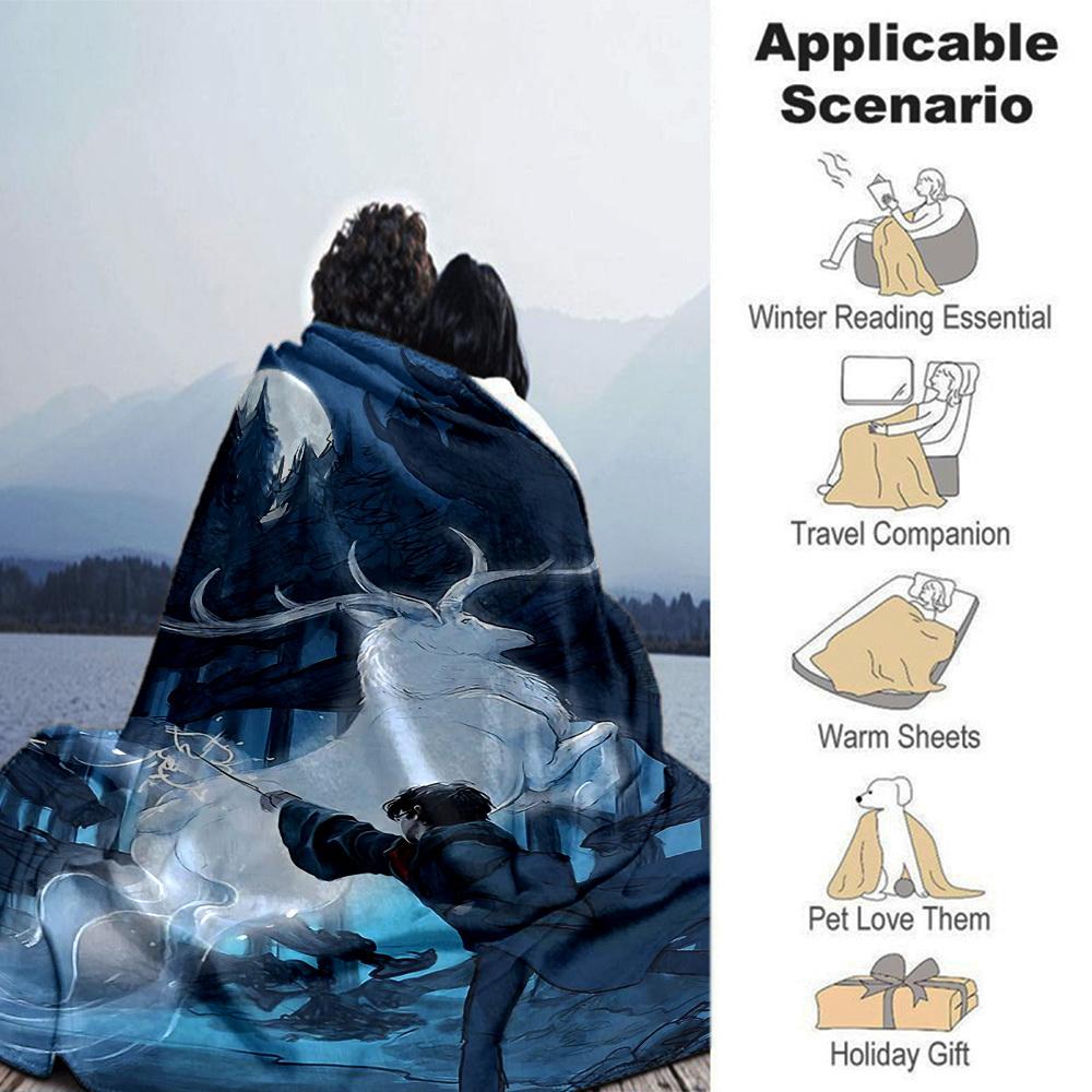 1pc Deer and Harry Potter Flannel Blanket Soft Warm Throw for Home, Office, Travel, All-Season Cozy Bedding GiftL1061