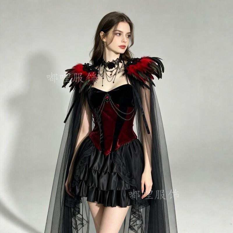 Gothic Vampire Cosplay Costume Women Halloween Black Feather Cape Dress