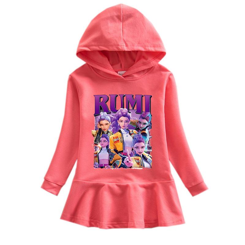 

Girls Kpop Rumi Zoey Mira Hunters Printed Rainbow Ruffle Hooded Dress 140cm