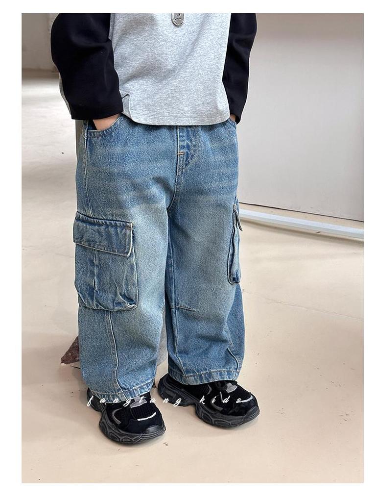 2025 Spring & Autumn Boys' Cargo Jeans: Trendy, Loose-Fit, Casual Long Pants for Kids