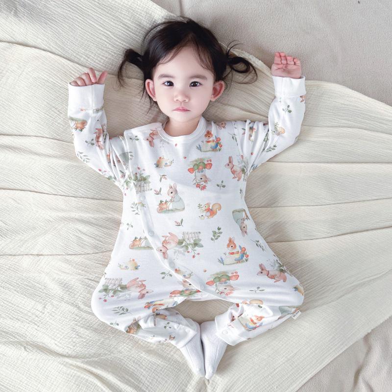 Autumn Pure Cotton Tagless Newborn Bodysuit with Double Layer Belly Protection and Long Sleeves - Baby Pajamas & Home Wear.