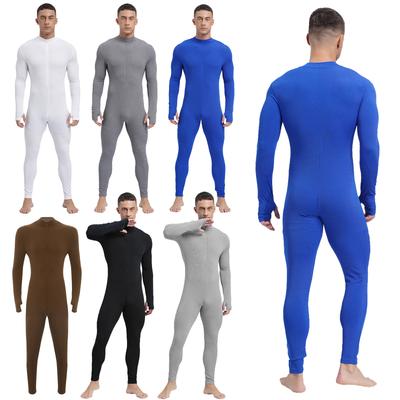 Mens Striped Athletic Jumpsuit Mock Neck Long Sleeve Zipper Front Unitard Workout Yoga Gym Performance Outfit