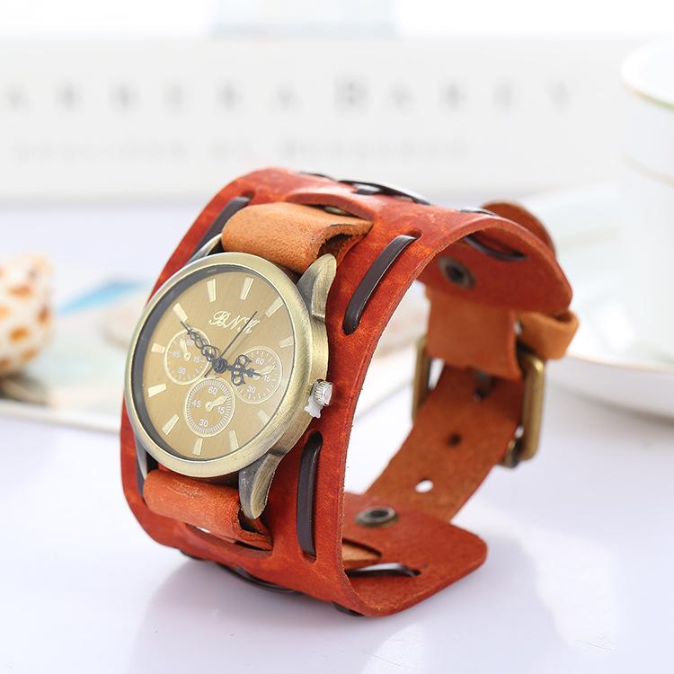 Men's Retro Quartz Watch with Wide Genuine Leather Band