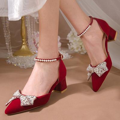 Neue Schleifenschuhe Damen Strass Perlen Spitz Rot Hohe Absätze Hochzeit Braut Damen Schuhe Trend 2024 Frühling Sommer Pumps Rot
