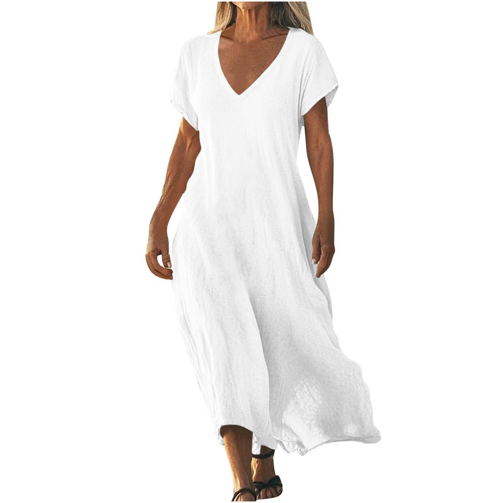 QICED Fashion Summer Spring Solid Color Print Short Sleeve V-Neck Casual Dresses