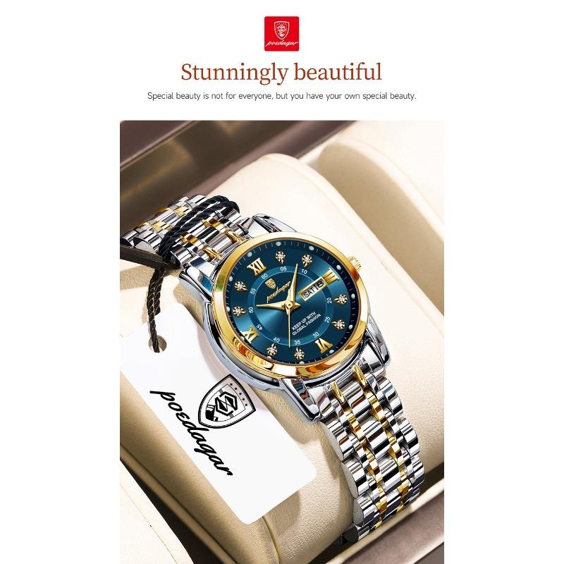POEDAGAR Casual Women Wristwatch Waterproof Luminous Date Week Quartz Watches Stainless Steel Elegant Dress Ladies Watch