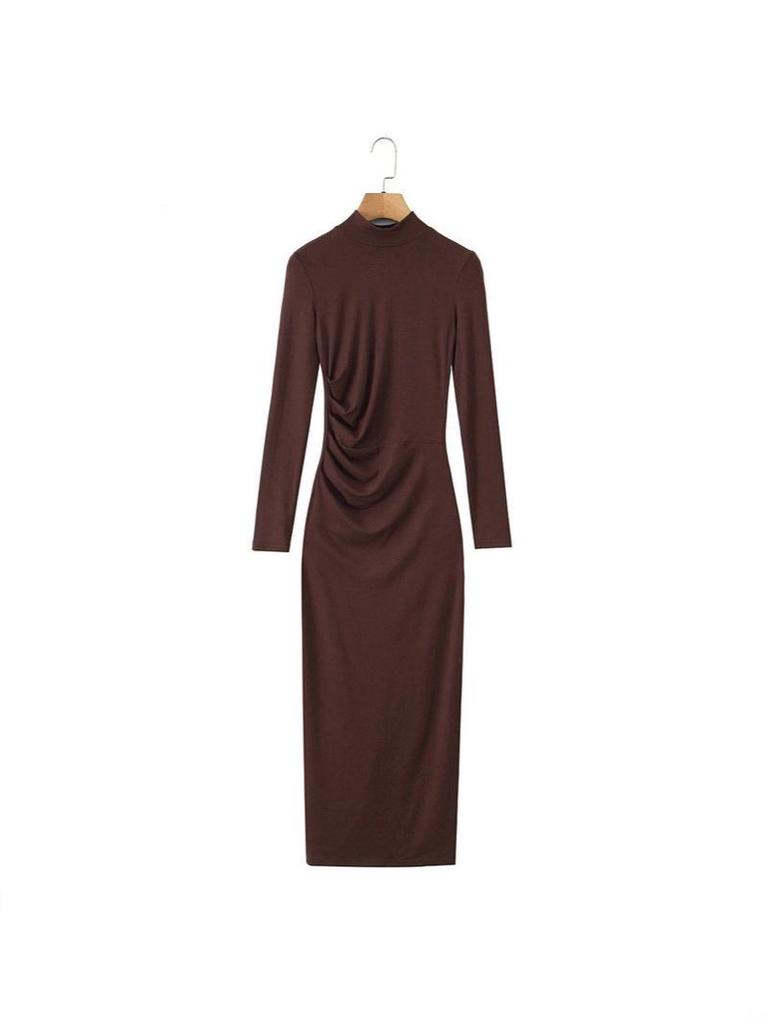 Elegant Women's High-Neck Pleated Long-Sleeve Dress: Autumn/Winter Inner Layer, Retro Yujie Style, Waist-Cinched, Hip-Hugging Long Skirt.