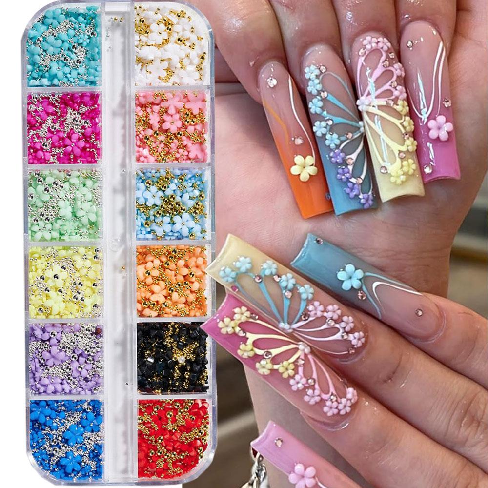 1 Box 3D Blumen Schleife Nagelkunst Dekorationen Set Rosa/Weiß Acryl Floral/Perlen Nagel Charm mit Wachsstift/Pinzette 4/6mm Nagelteil