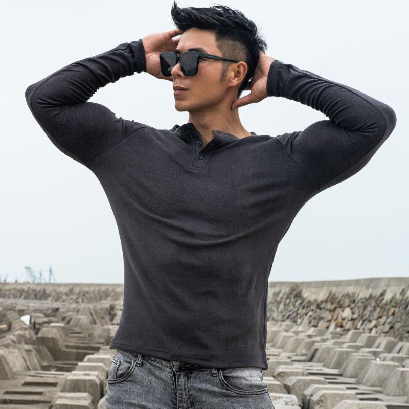 

Spring Autumn New Fitness Sports Men s Running Exercise Double-sided German Velvet Elastic Slim Button Long Sleeve XXXL сірий