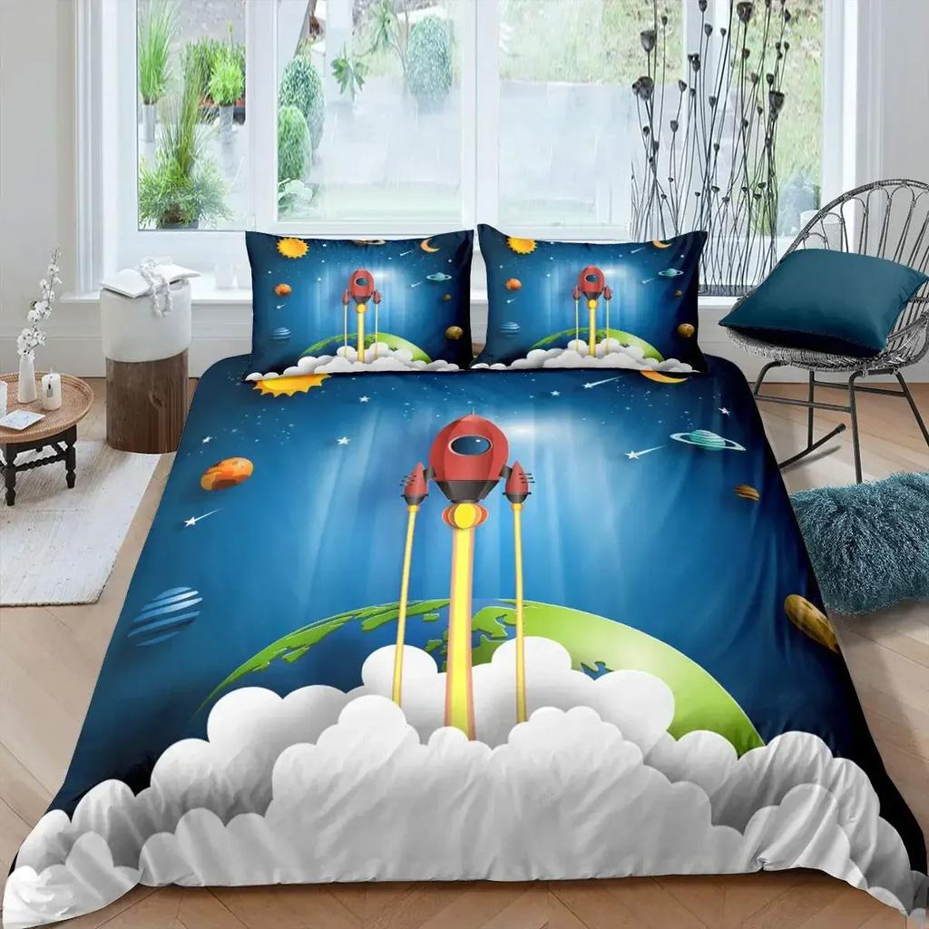 Rocket Spaceship Comfortable Duvet Quilt Cover Pillowcase Bedding Set Children Bedroom Decoration Home Textile