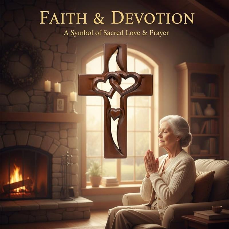 Hand-Carved Intertwined Hearts Wooden Cross, Hanging Hand Carved Marriage Cross