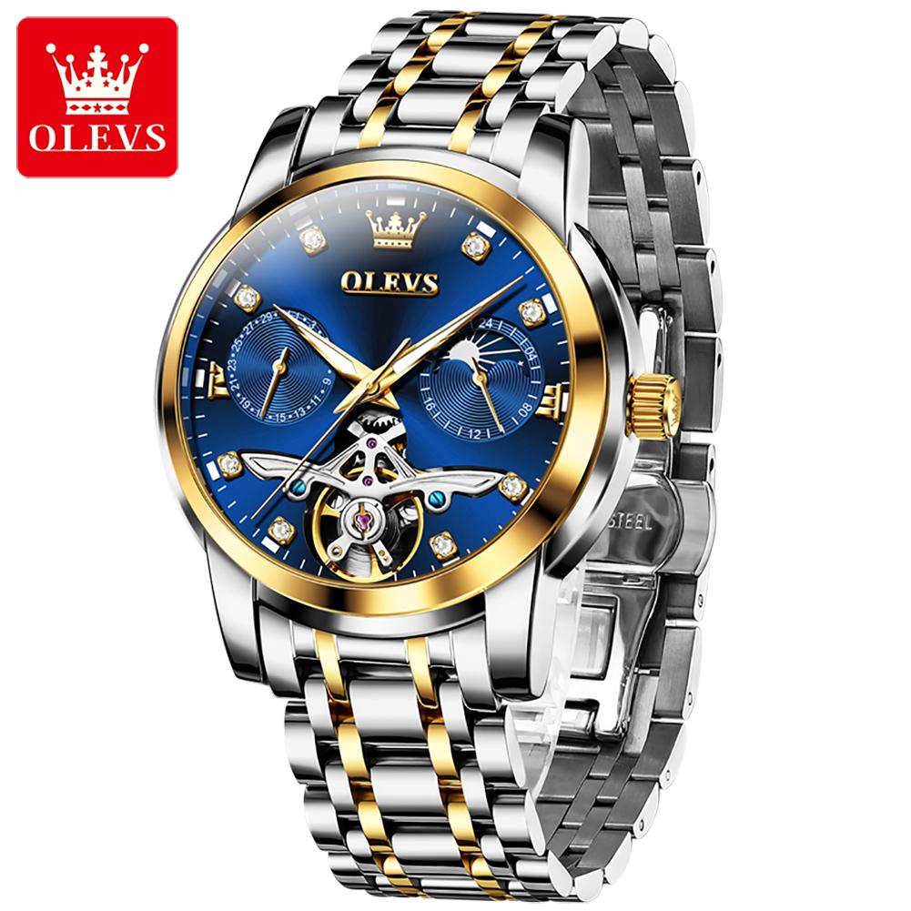 OLEVS Men's Watches Top Brand Luxury Fashion Original Automatic Mechanical Wristwatch Hollow Out Flywheel Movement Moon Phase