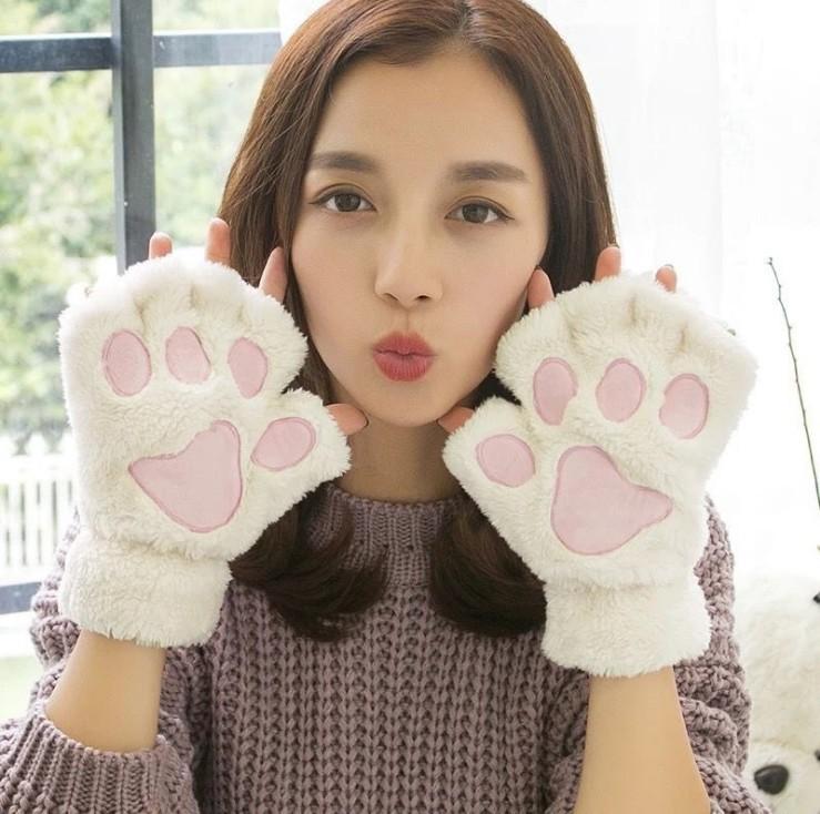 Women Cute Cat Claw Paw Plush Mittens Warm Soft Plush Short Fingerless Fluffy Bear Cat Gloves Costume Half Finger Party Gift