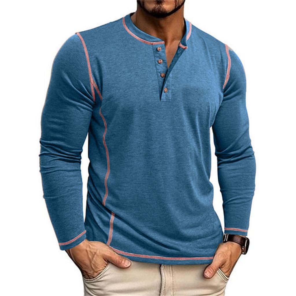 Men's American Retro Henley Collar Long Sleeve T-Shirt Contrast Color Topstitch Slim Fit Casual Bottoming Shirt