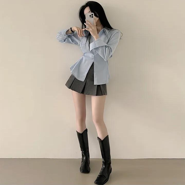 Cămașă minimalistă coreeană cu culoare uni, cu talie legată, pentru slăbit, cu mâneci lungi, pentru femei