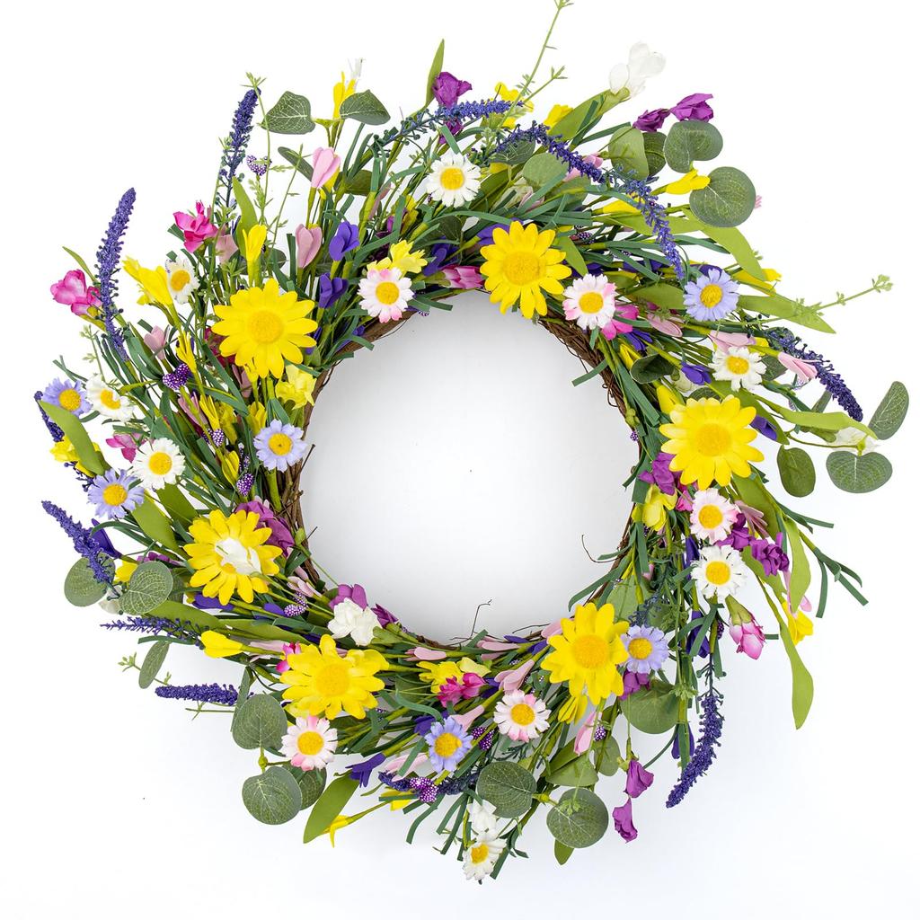 22 Inch Artificial Summer Wreath Daisy and Lavender Wreath with Wildflowers for Home Wall Farmhouse Springtime Easter Holiday Party