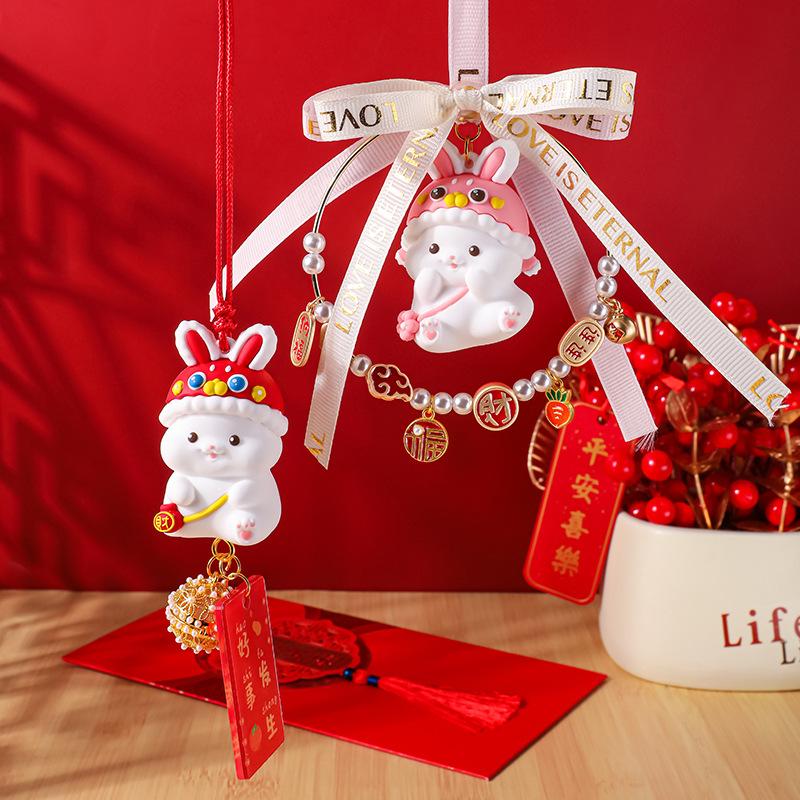 2024 New Year Rabbit Car Pendant Car Mirror Cute Rabbit Decoration Ornament Hanging Valentine's Day Gift Automotive Interior