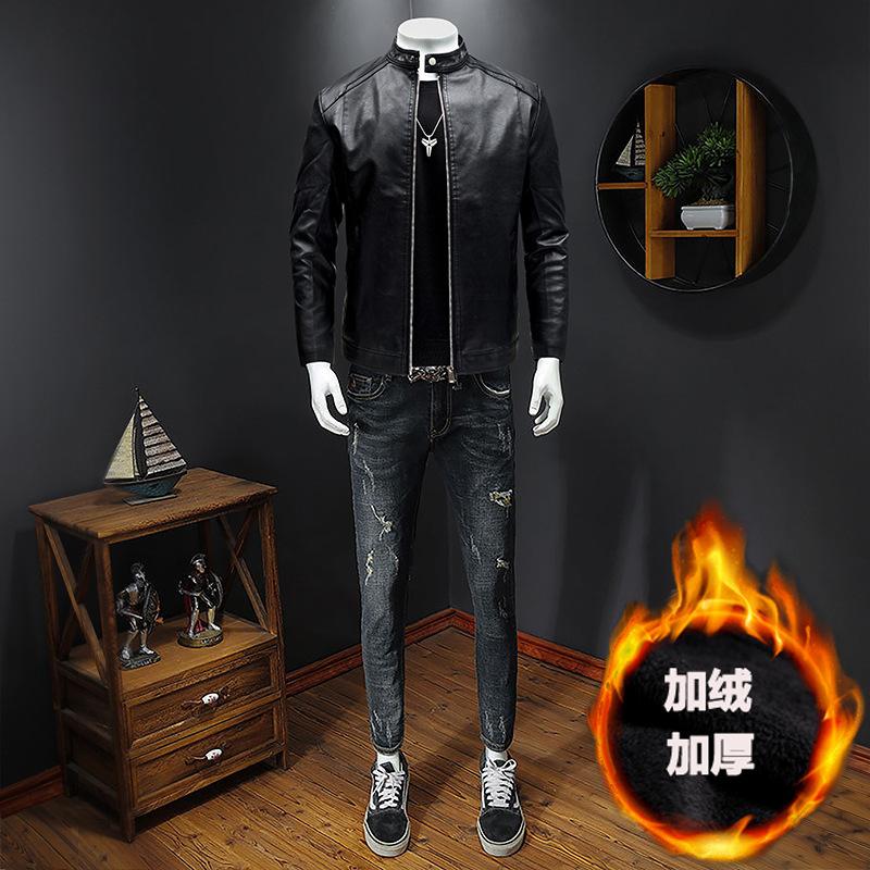 Men's locomotive leather jacket autumn and winter new casual versatile slim fit fleece thickened large size leather jacket