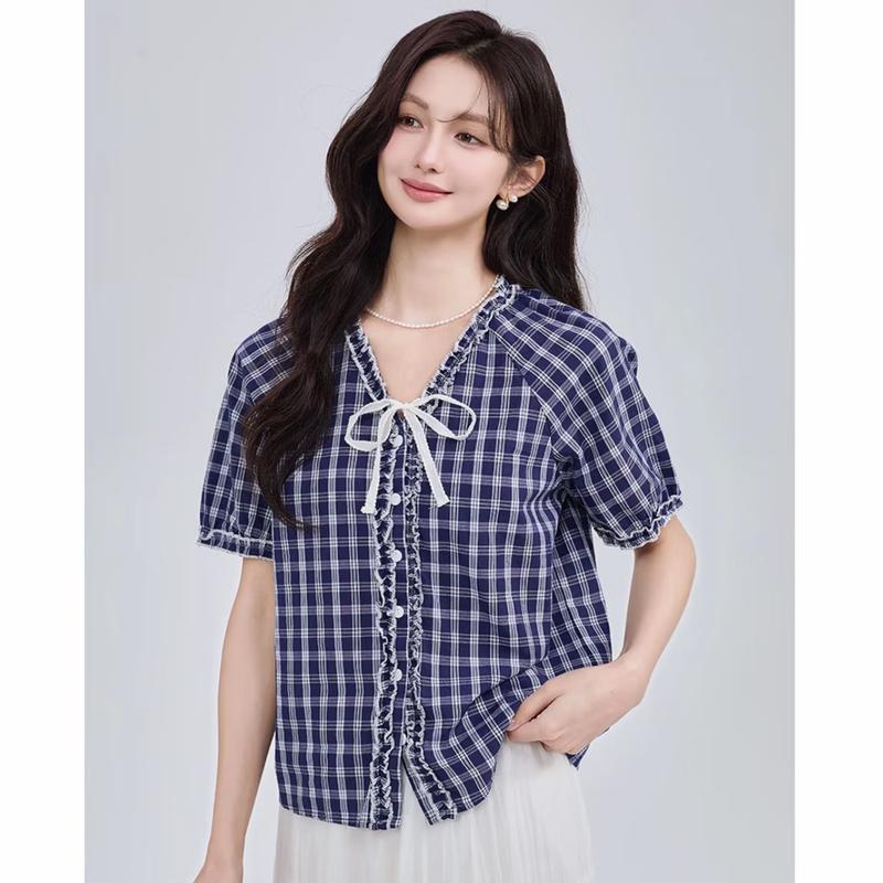Imman French Plaid Ruffle V-Neck Short Sleeve Cotton Shirt S