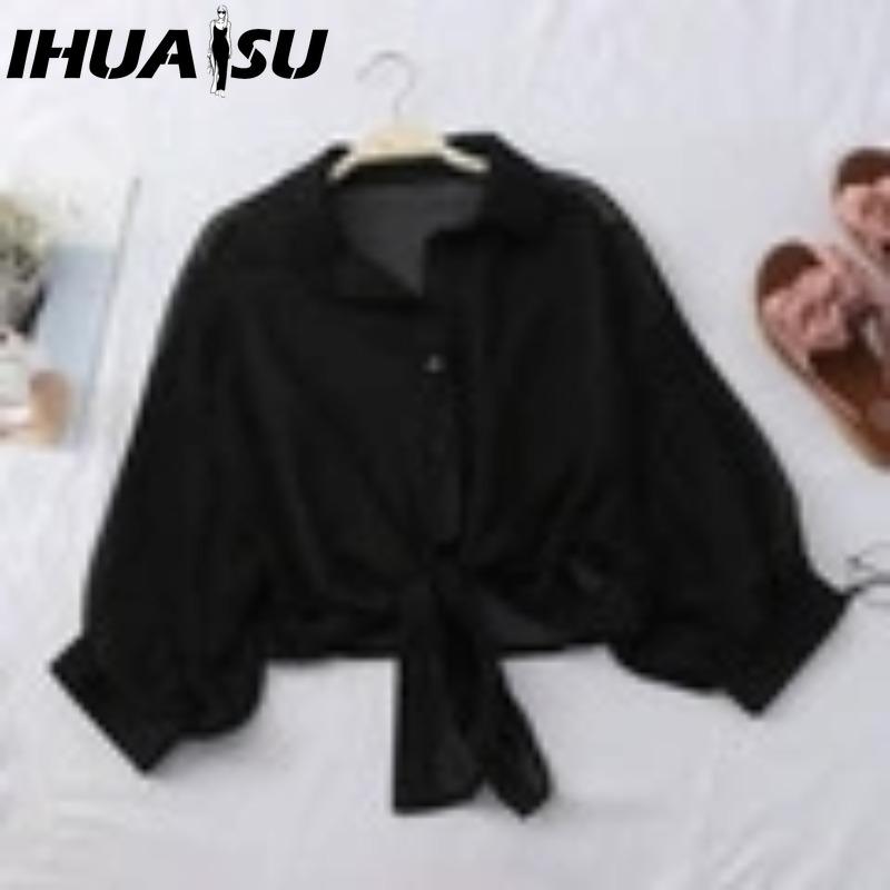 

IHUASU Женская Мода Повседневные Однотонные Блузки и Рубашки с Принтом и Длинным Рукавом и Воротником ПОЛО XXL чёрный