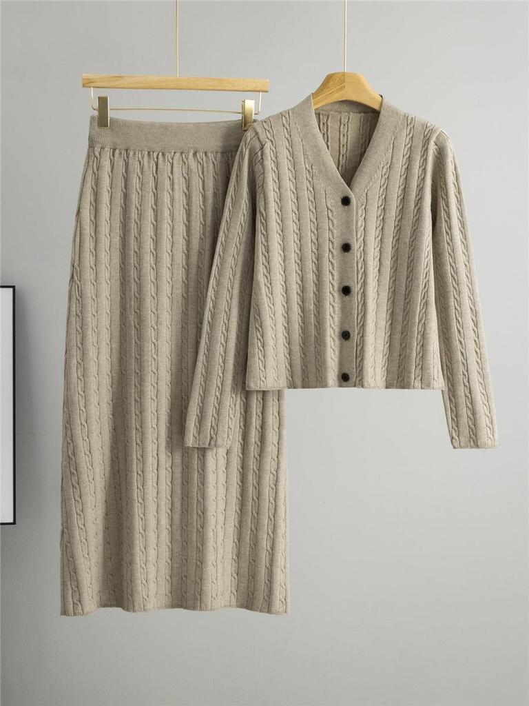 Spring/Fall Women's Knitted Cardigan & Midi Skirt Set