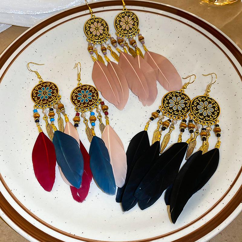 Bohemian Feather Tassel Earrings - Vintage Ethnic Style, High-End Niche Design for Women