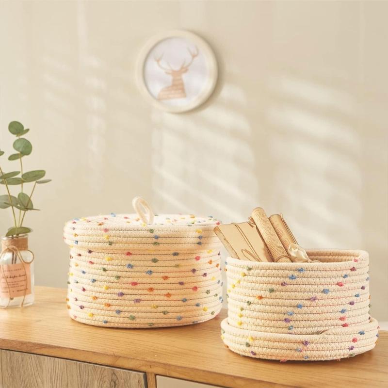 Pack of 2 Sturdy Cotton Rope Storage Baskets With Lid for Organizing Rope Keys and Toy In Elegant Color Designs