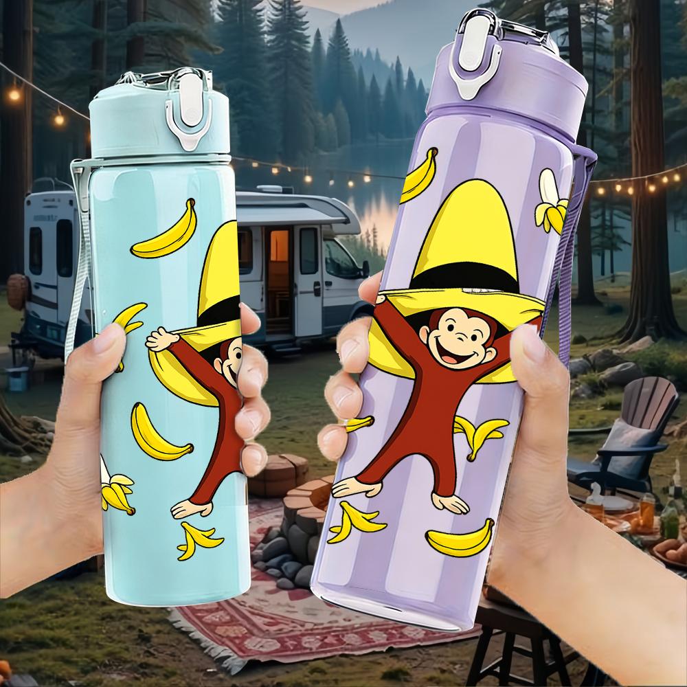 1PC Yellow Hat Cartoon Monkey 750ml Color Plastic Water Bottle Leakproof Flip Straw Lid For Sports Office Home Use
