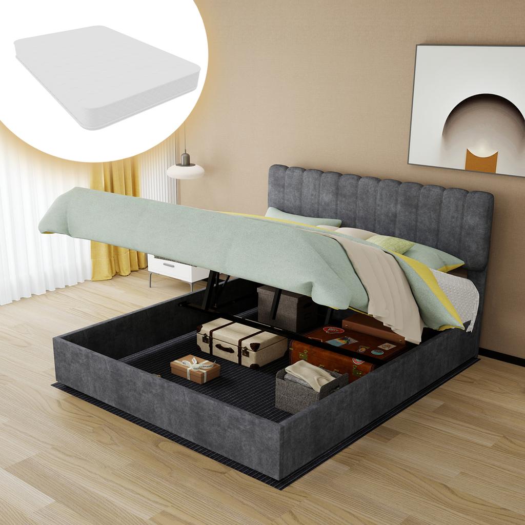 Modern Upholstered Bed with Comfortable Headboard, 160x200 cm, Grey, Multi-Functional Bedroom Furniture, High-Profile Storage Base, Included mattress.