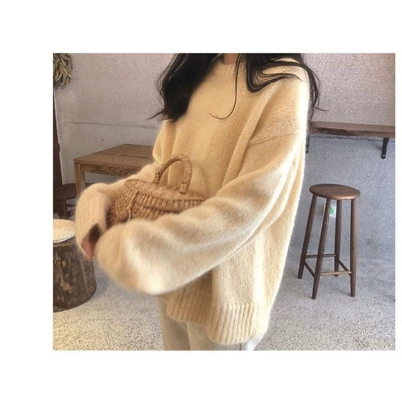 Crew neck solid color sweater women's autumn and winter new loose pullover knitted sweater women