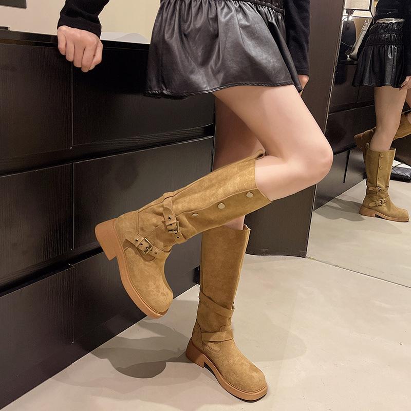 Fold thick-soled Martin boots women's 2025 autumn new retro western cowboy knight boots slim mid-tube boots
