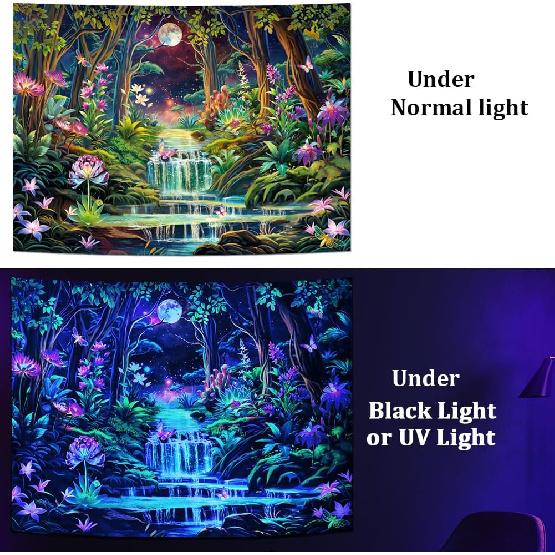 Leofanger Blacklight Fantasy Forest Tapestry Aesthetic Moon Tapestry UV Reactive Neon Galaxy Space Wall Tapestries Trippy Plant Floral Tapestries