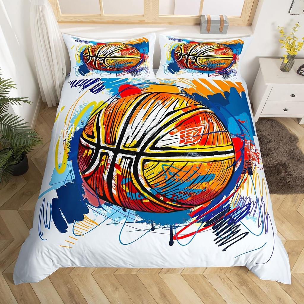 Basketball Duvet Cover Queen Blue Red Green Tie Dye Bedding Set Grunge Neon Sports Comforter Cover Neon Ball Game Quilt Cover
