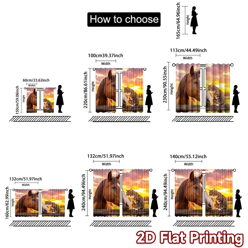 2D Flat Printing 2pcs Curtain Drapes Horse and Cat Sunset Digital Printed Polyester Drapes Family Party Decoration Perfect for