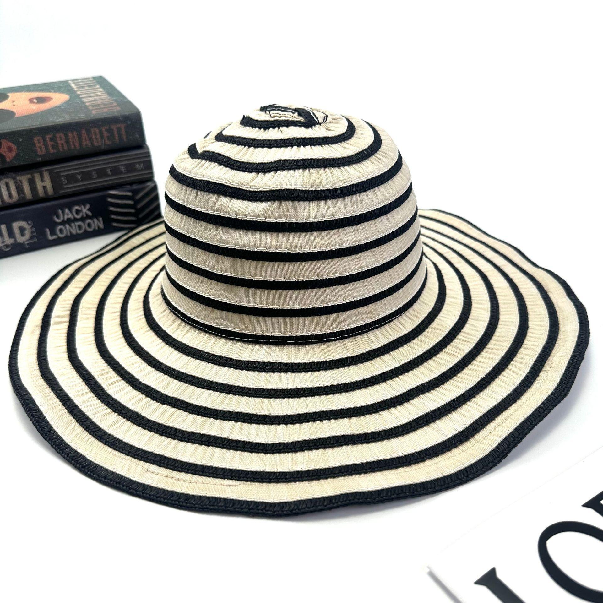 

Striped Splicing Simple Casual Large Brim Straw Hat Outdoor Girl Travel Beach Sunshade Sunscreen Hat M（56-58cm）