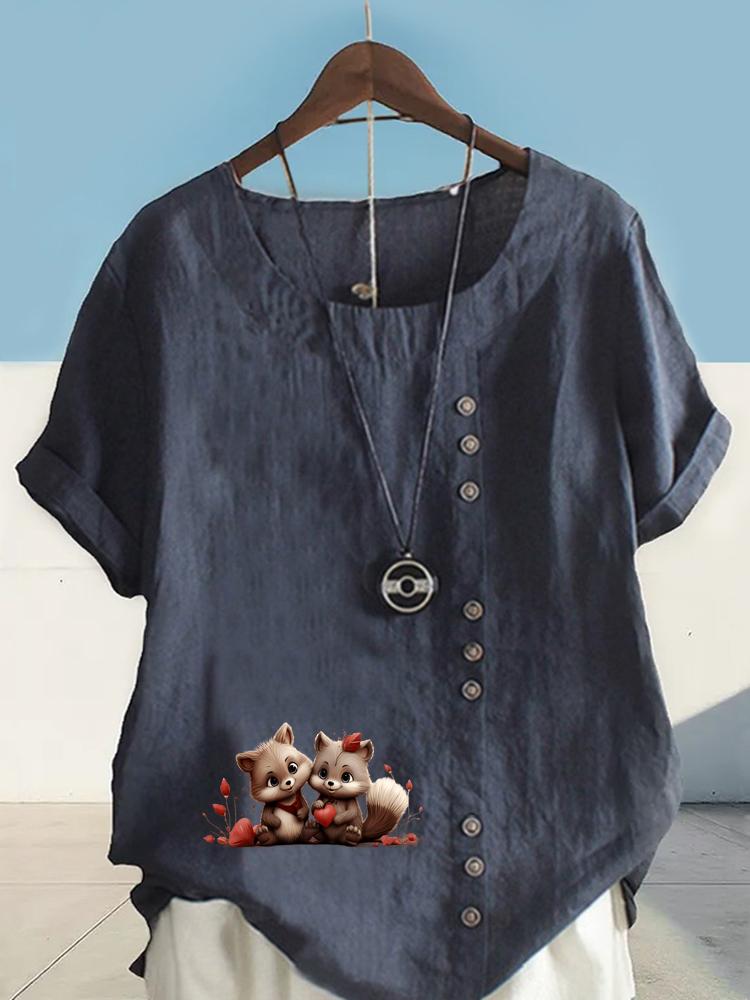 Women's Fashion Couple Bear Print Round Neck Short Sleeve T-shirt Summer Casual Cotton Linen Graphic Shirt Leisure Loose Blouse Tops