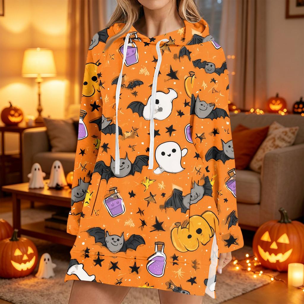 Women's Casual Long Sleeve Halloween Print Hoodie Pullover Top for Fall Festive Wear