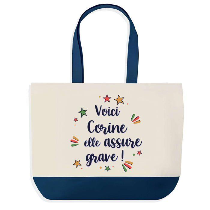 Tote bag - PLANETEE - Corine elle assure grave - fond bleu - coton 40x45 cm - Fabriqué en France